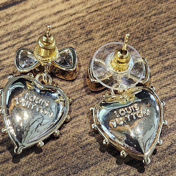 Elegant Gold and Pink Heart Earrings with Crystal Bows #16 - Picture 2 of 2